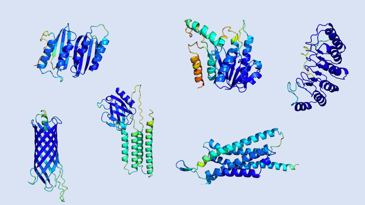 3D-Proteinstrukturen, die das Sprachmodell ProtGPT2 kreiiert hat.